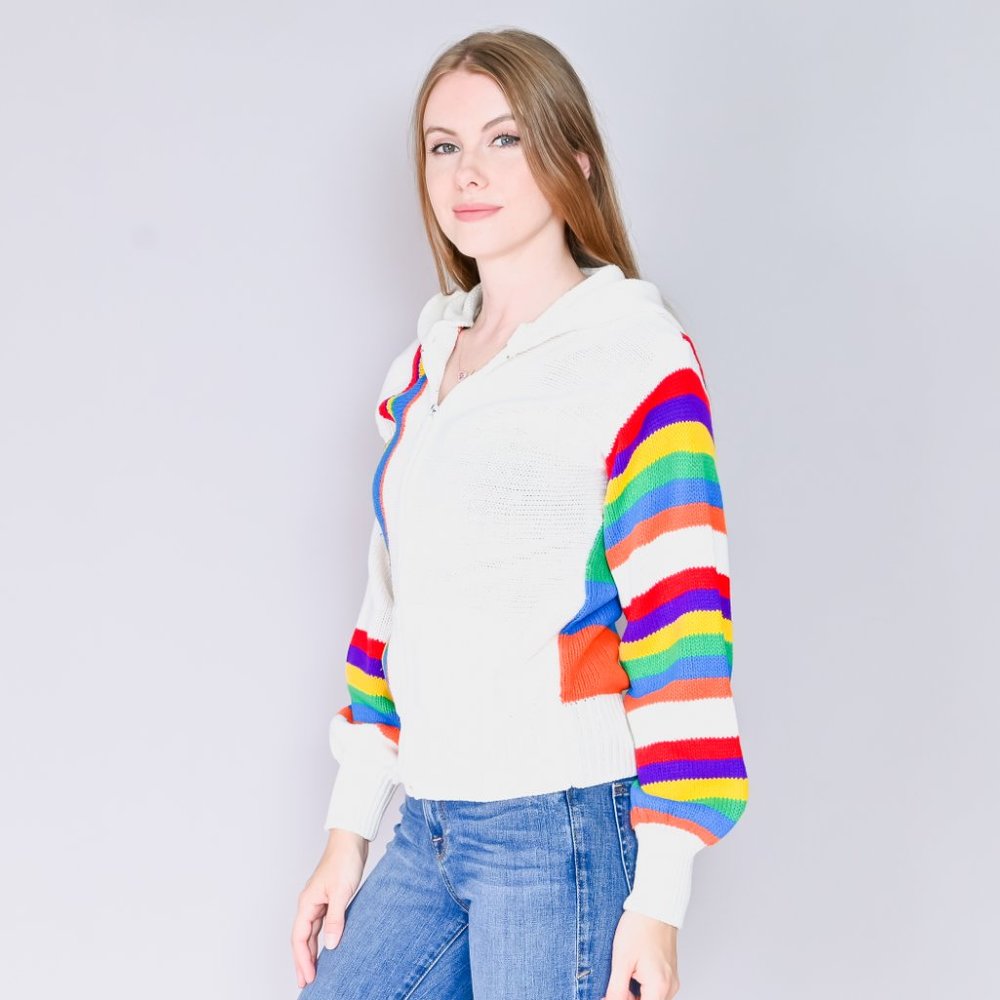 VINTAGE Rainbow Knit Zipper Sweater with Hood 70s Unique Rare Pullover - Picture 6 of 8